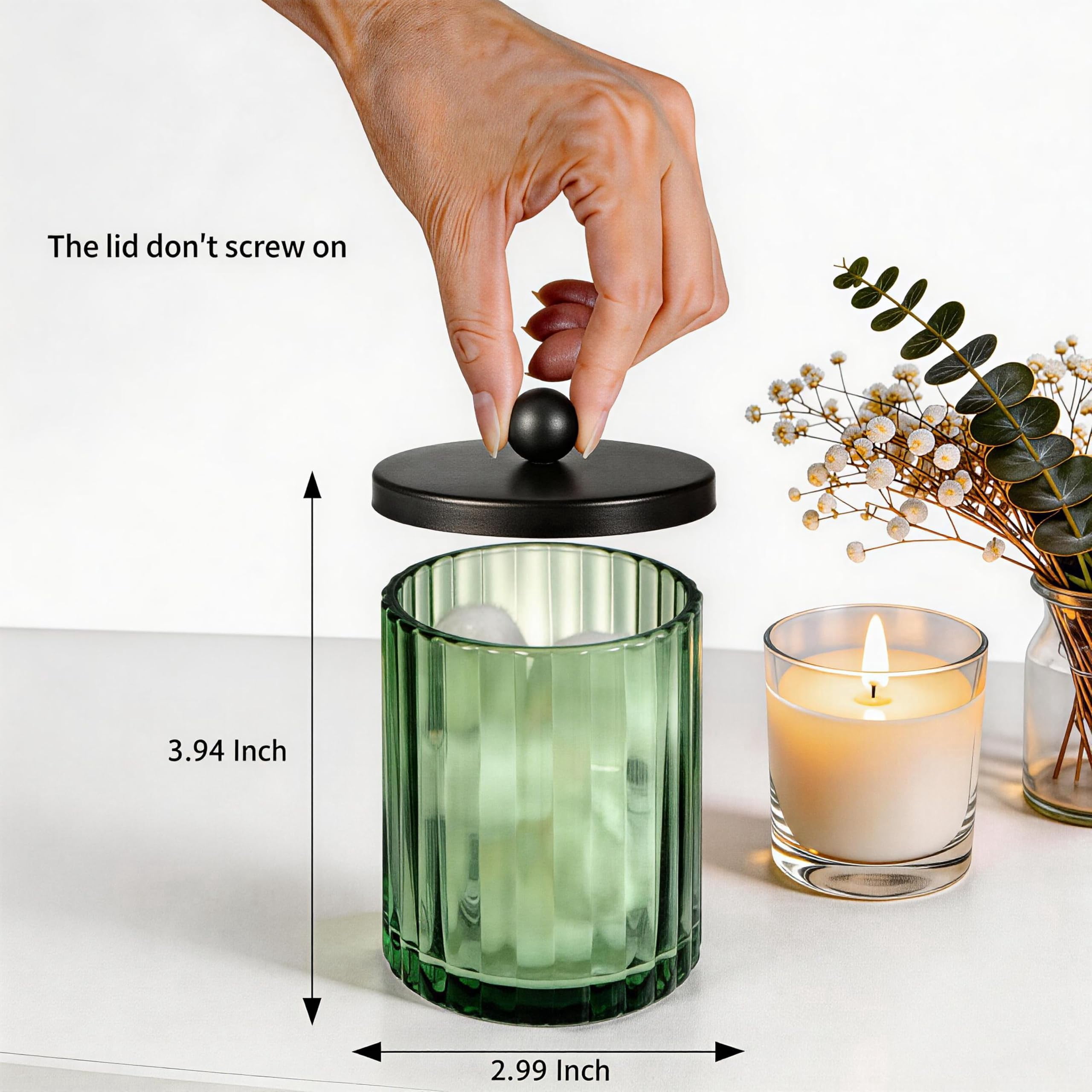 Sage Green Glass Apothecary Jar, Qtip Holder Dispenser for Cotton Swabs, Balls, Makeup Pads, Floss Picks, Bathroom Essential Accessories, Countertop Canister Storage Organizer (Black, 2 Pack)