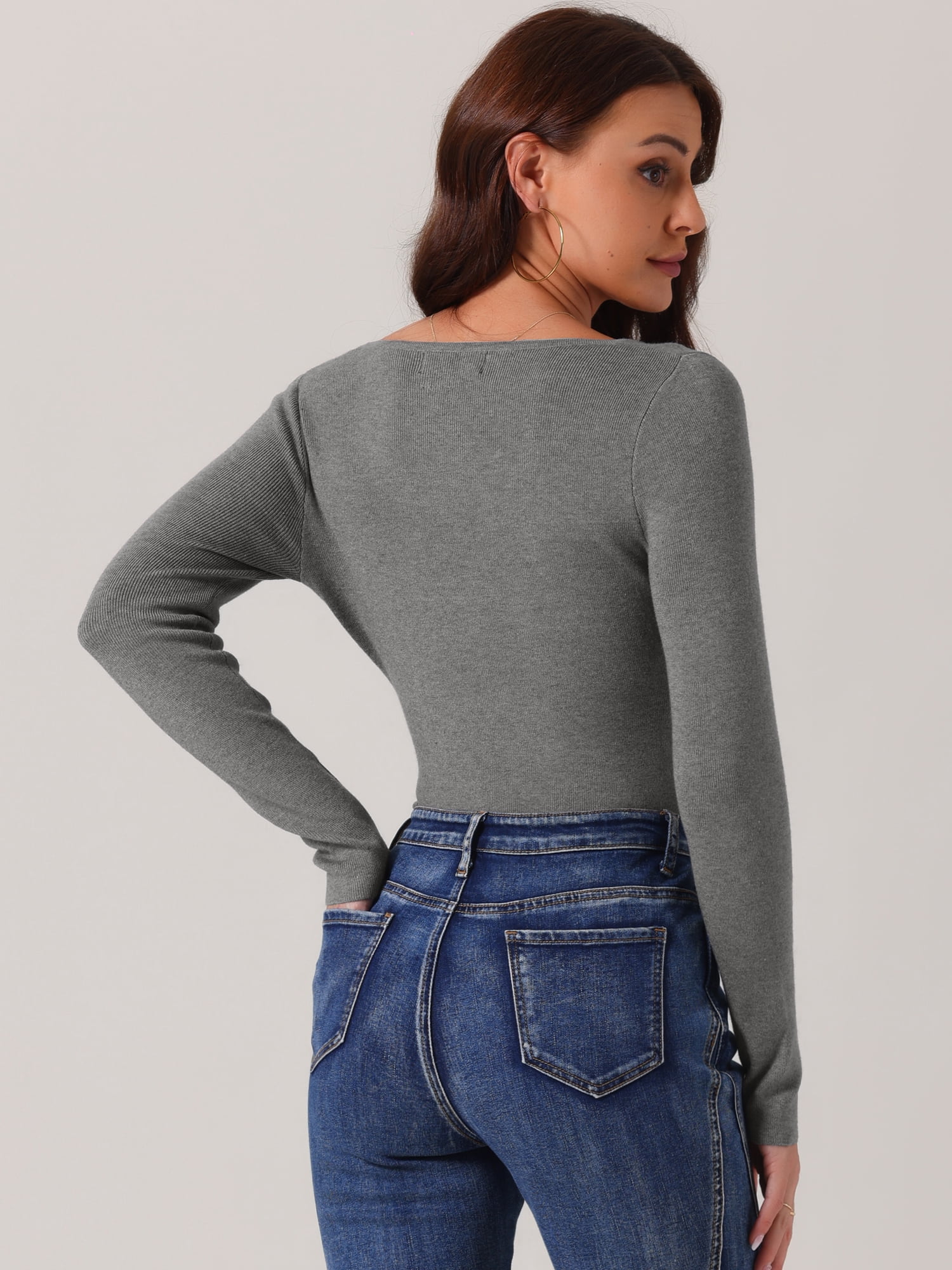 DARING DIVA Square Neck Sweater Bodysuit Blouse Tops M Grey