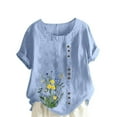 thumbnail image 1 of Pisexur Hauts en Coton et Lin Grande Taille pour Femmes, Décontractés, Été, Boho, Mode, Coupe Ample, Col Rond, Manches Courtes, T-Shirts Floraux pour Femmes P-5TG Bleu, 1 of 4