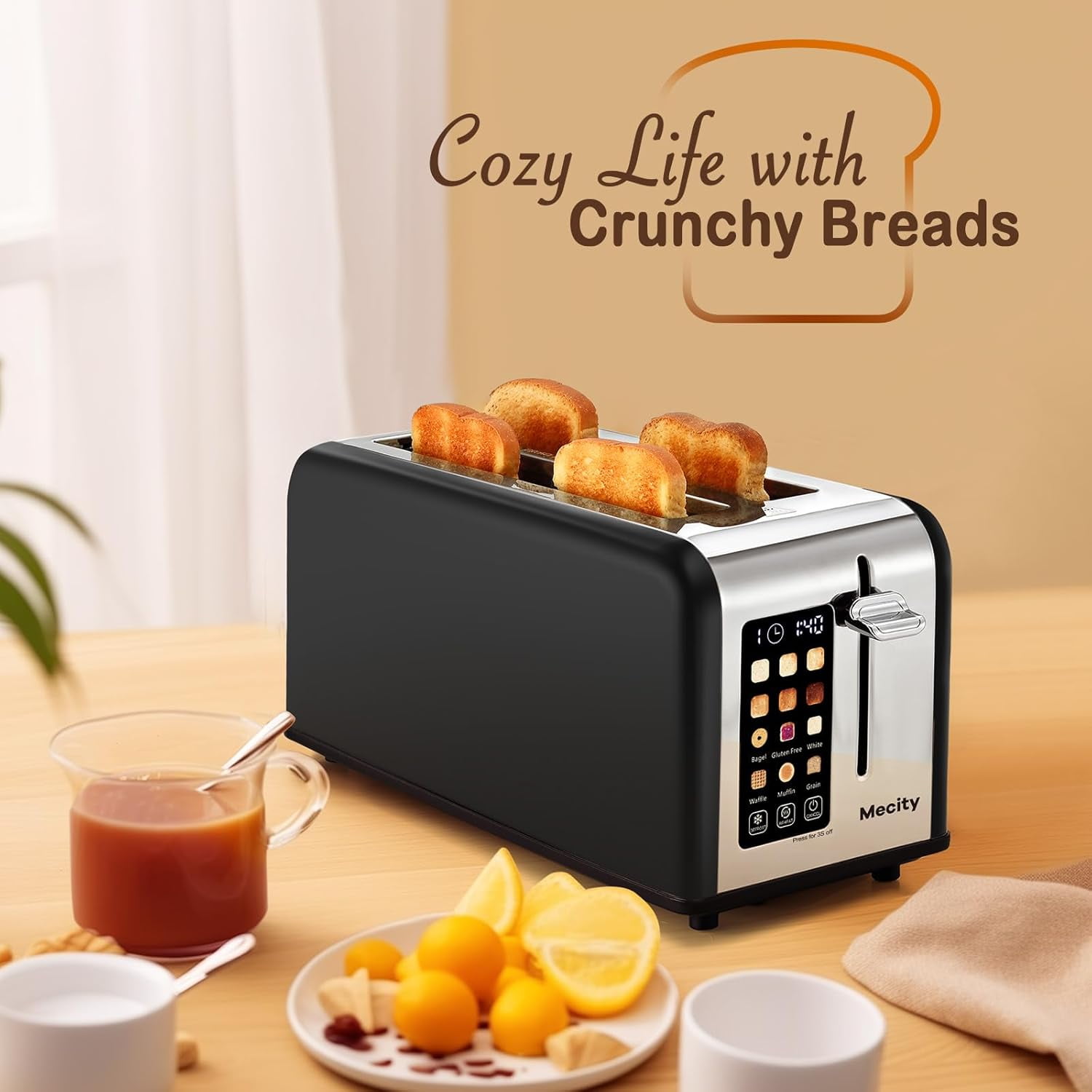 4 Slice Toaster with Touchscreen Long Slot, Stainless Steel Smart Bread Toaster for Bagel Muffin Waffle Gluten Free Breads, Timer, Defrost, Reheat, 120V 1400W