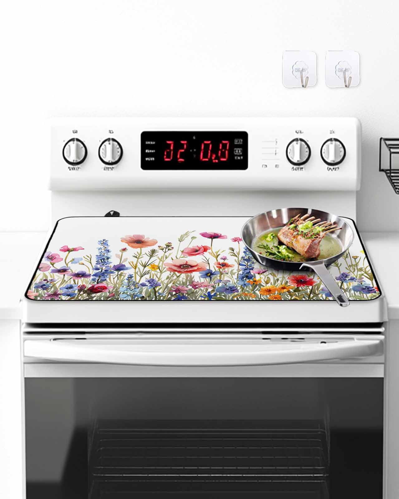Stove Top Covers for Electric Stove, Pastoral Spring Floral Glass Stovetop Cover Protector, Elegant Summer Flower Botanical Induction Cooktop Protector Oven Mat for Kitchen Countertop 24"x21"