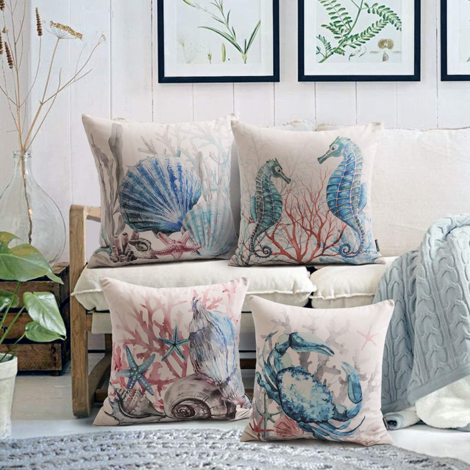 Phantoscope Ocean Series Decorative Throw Pillow Cover, 18" x 18", Pink Marine Animals, 4 Pack