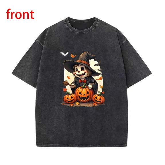 Skeleton Witch T-Shirt Smiling Broomstick Graphic Washed Vintage Top Autumn Apparel Black S-2XL Plus Size
