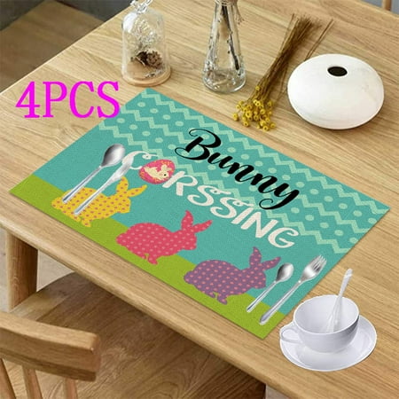 

Happy Easter Day Bunny Placemats Set of 4 Table Mat Easter Eggs Flowers Place Mat Stain Double-Sided Print 12 x 18 Dining Home Kitchen Table Decoration