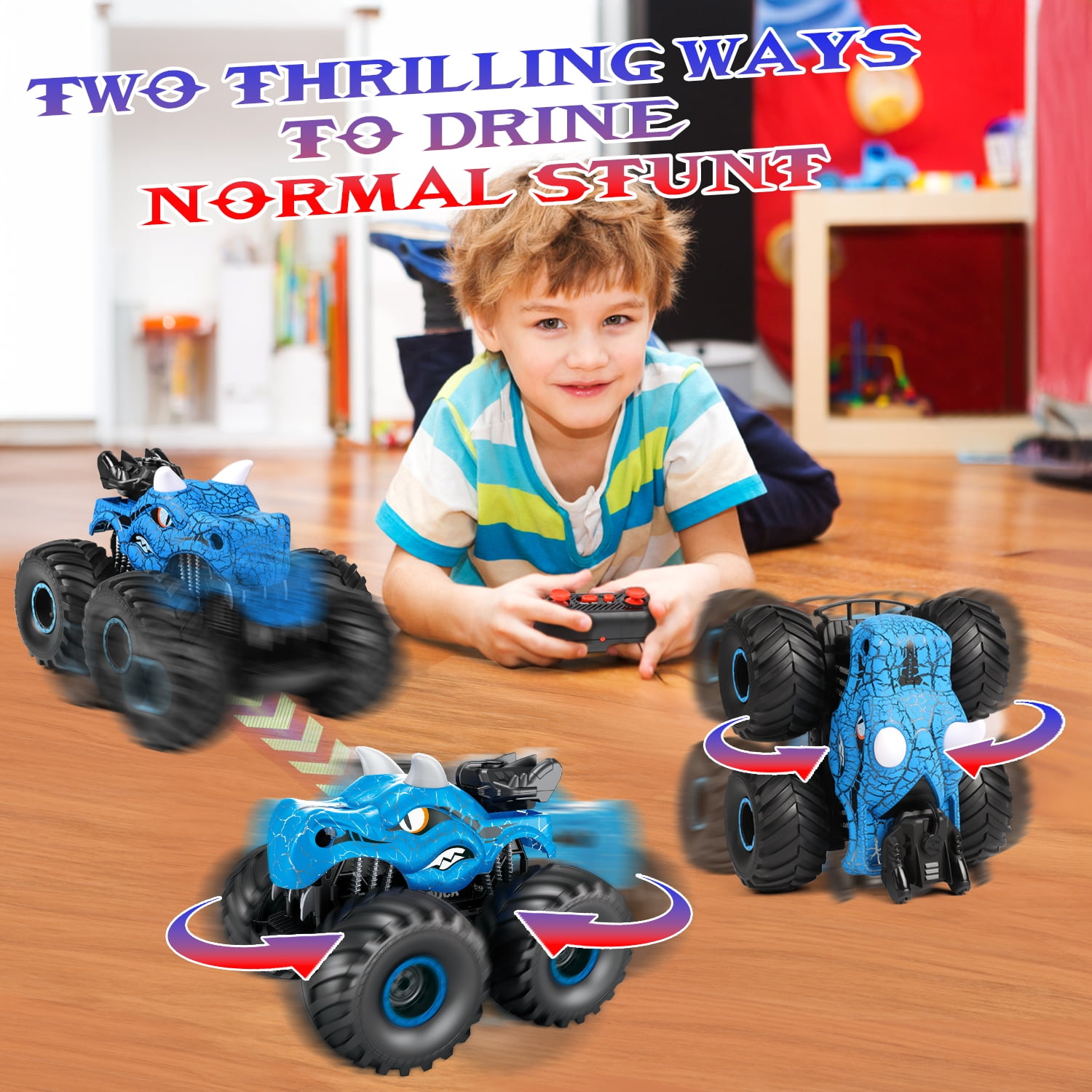 Huge Wave Dinosaur Remote Control Car, 2.4GHz RC Monster Trucks Toys with Spray, Light & Sound, All Terrain RC Cars Toys Christmas Birthday Gift,Blue