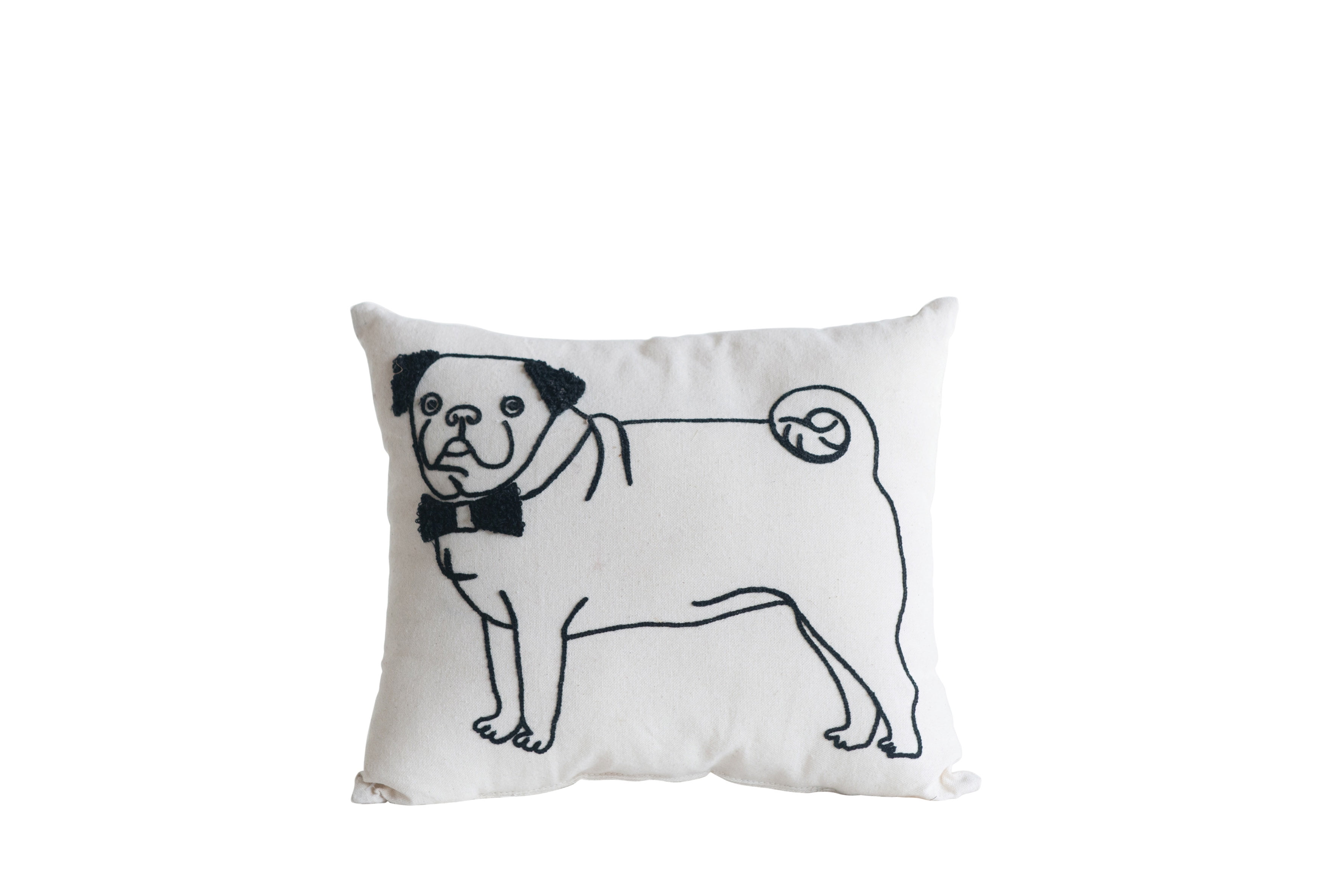 Creative CoOp Embroidered Cotton Square White Pillow with Pug Dog