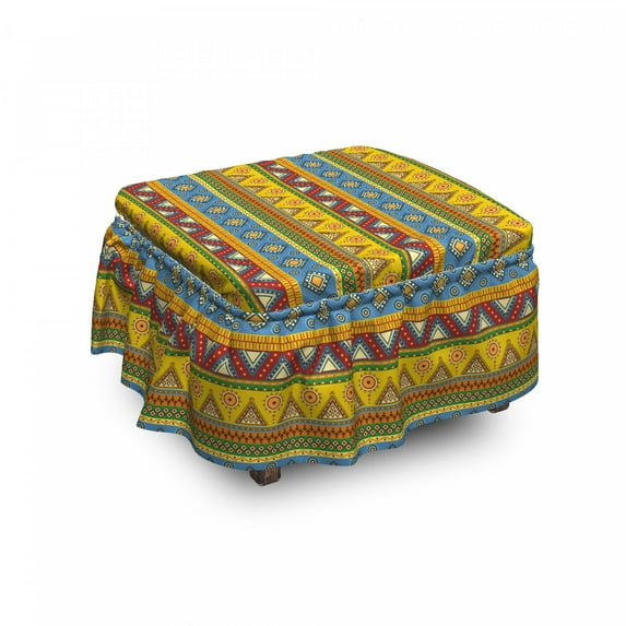 Aztec Ottoman Cover, Folk Motif Mexican Sun, 2 Piece Slipcover Set with Ruffle Skirt for Square Round Cube Footstool Decorative Home Accent, Standard Size, Multicolor, by Ambesonne