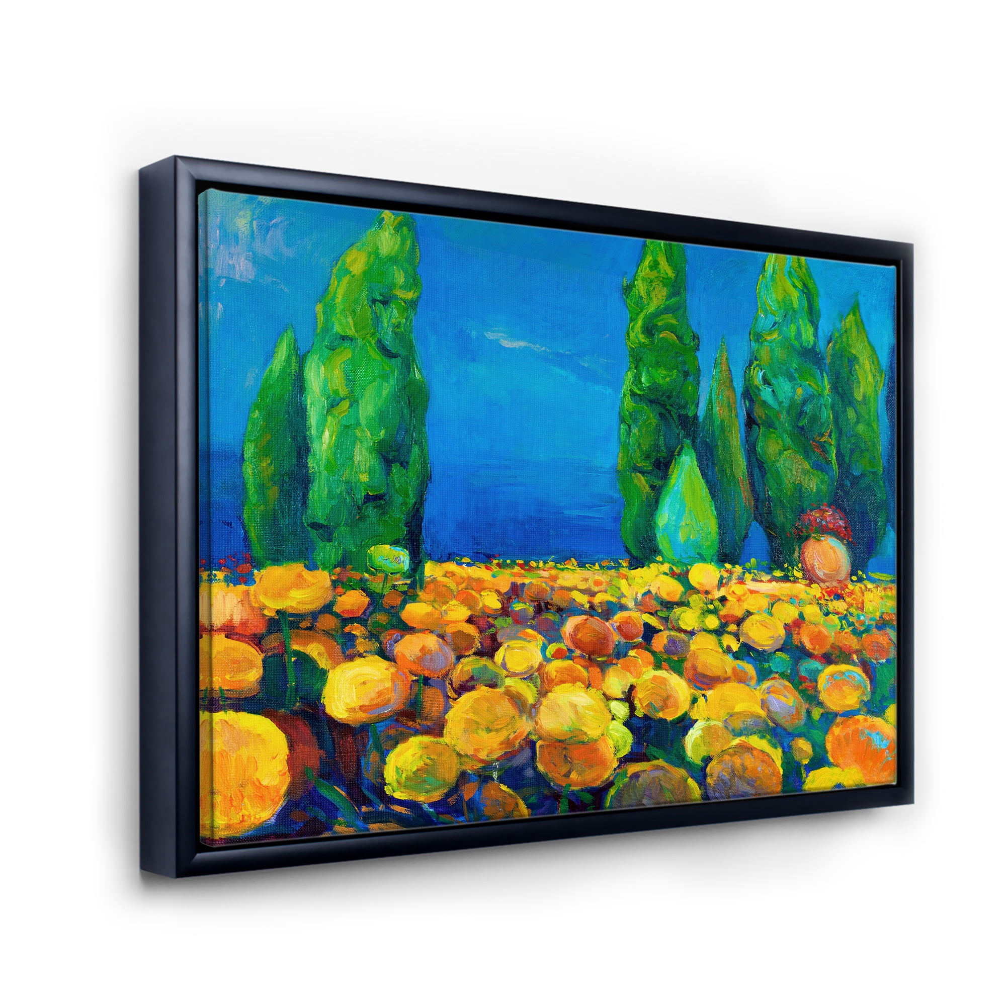 Yellow Blossoming Flowers Landscape With Green Trees 32 in x 16 in Framed Painting Canvas Art Print, by Designart