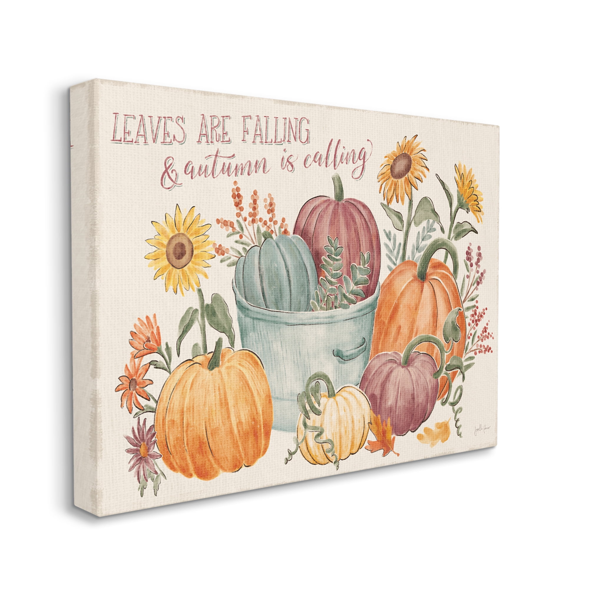 Autumn Is Calling Phrase Various Pumpkins Sunflowers Botanical & Floral Painting Gallery-Wrapped Canvas Print Wall Art