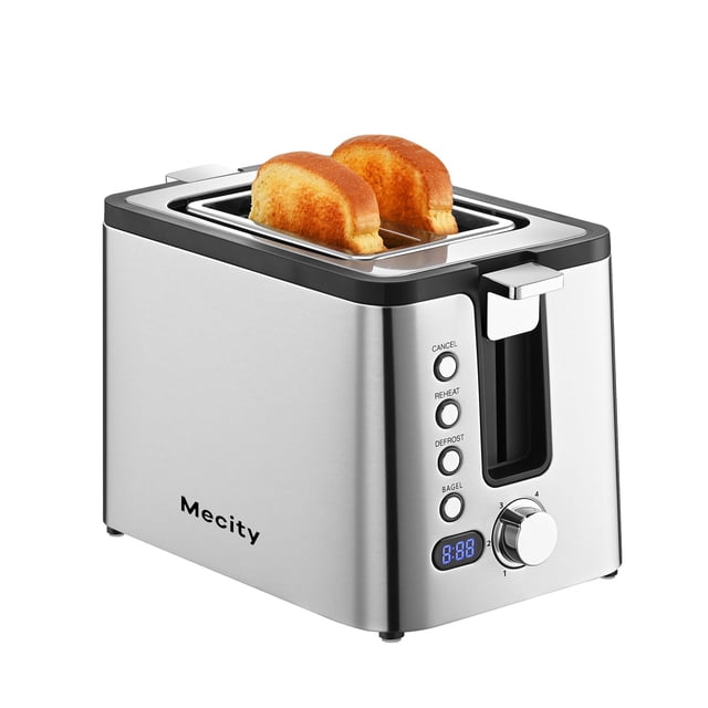 Mecity tostador de 2 rebanadas de acero inoxidable con temporizador de cuenta regresiva, bagel, descongelación, recalentamiento, bandeja de migas extraíble, 6 ajustes de dorado, ranuras largas extra