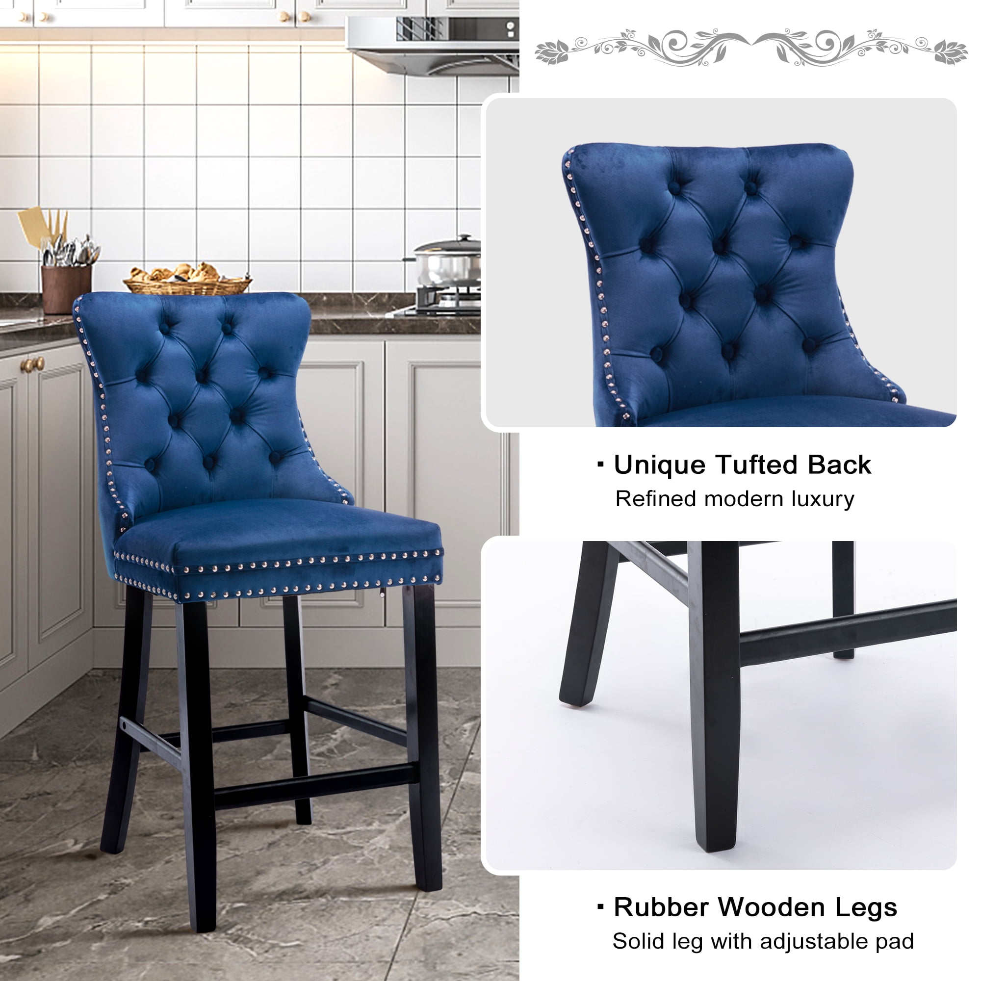 DONICK Velvet Counter Height Bar Stools Set of 6,Button Tufted Back Bar Chair Nailhead Back Pull Tab Wooden Leg(Blue)
