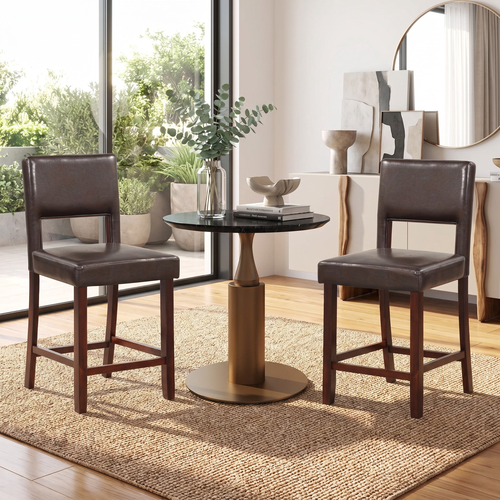 Furnibear Set of 2 Bar Chairs with Hollowed Back and Rubber Wood Legs in Brown