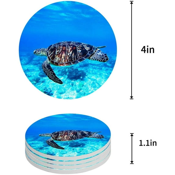 FMSHPON Ocean Sea Turtle Set of 6 Round Coaster for Drinks, Absorbent Ceramic Stone Coasters Cup Mat with Cork Base for Home Kitchen Room Coffee Table Bar Decor