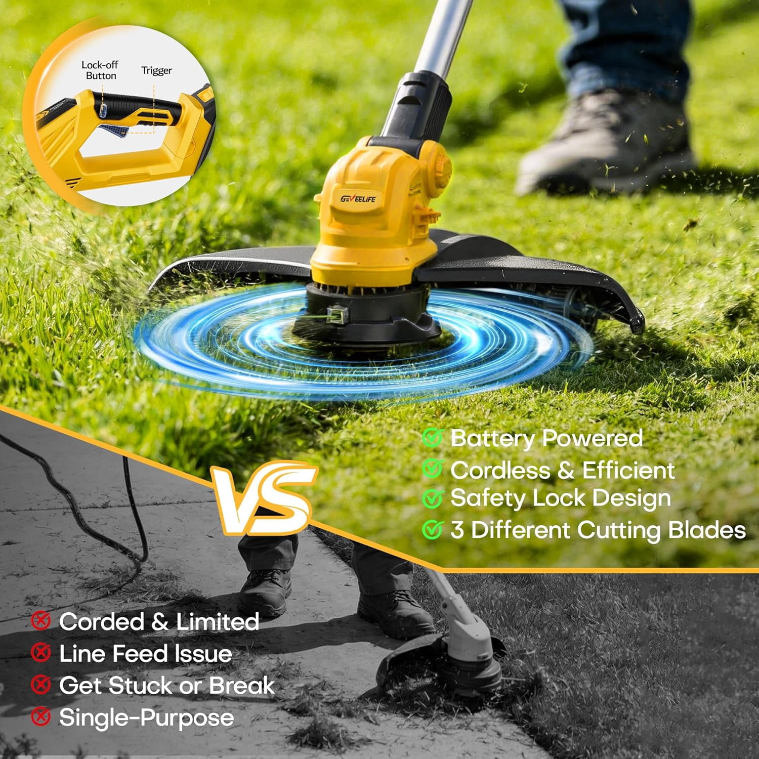 GEVEELIFE Bruchless Electric Weed Wacker String Trimmer,21V Cordless Weed Eater and Edger, 15'' Cutting Width with 2*5.0Ah Batteries Powered Brush Cutter, 4 in 1 Lawn Mower , Eco Friendly Grass Cutter
