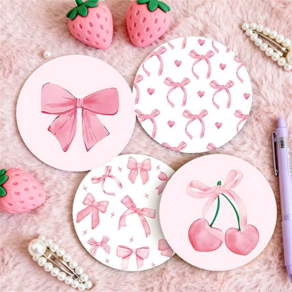 Pink Bow Coasters for Drinks, 4 Pack Cute Coquette Style Round Cup Coasters with Cherry & Bow Print, Non-Slip Decorative Coasters for, Coffee Table,Valentine's Day, Birthday Gifts