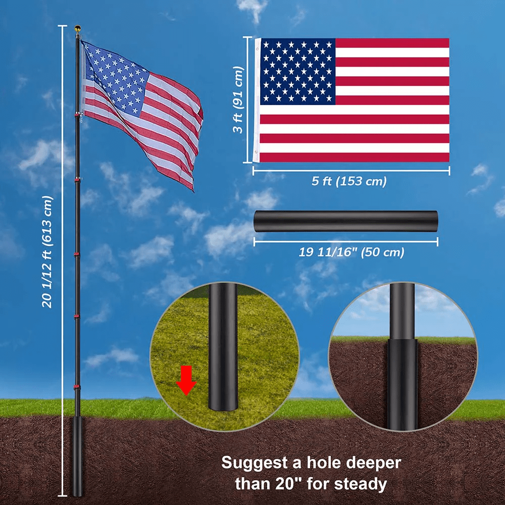 American Aluminum Telescopic Flagpole Set 20', Silver