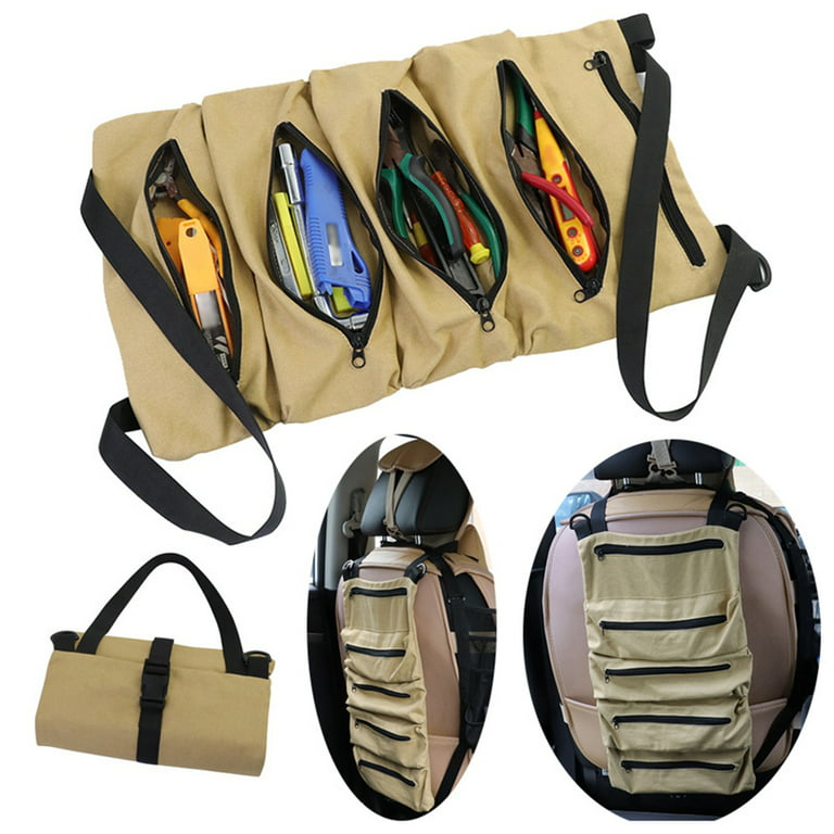 Multifunctional Portable Tool Bag Hanging Canvas Wrench Tool Bag Organizer  with 5 Zipper Pockets Tool Auto Accessories