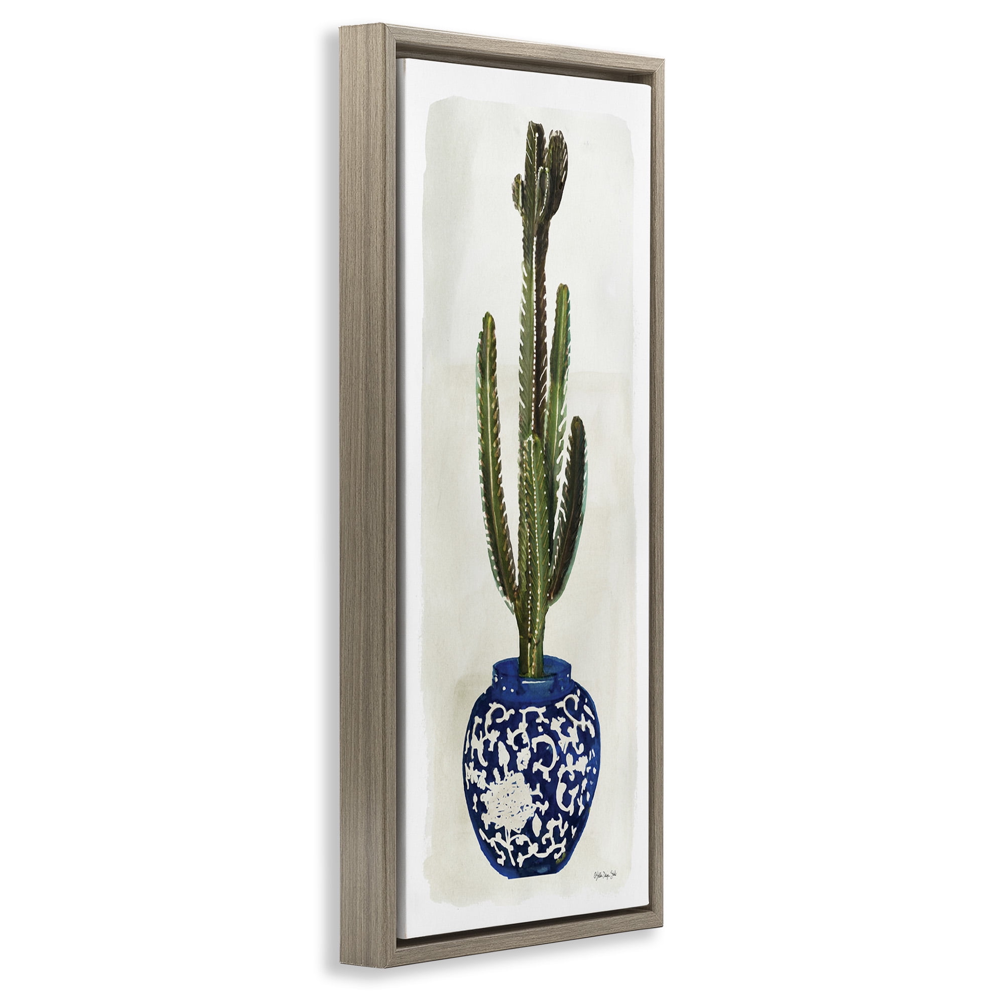 Stupell Industries Cactus in Blue Ornate Vase Botanical & Floral Painting Brown Floater Framed Canvas Art Print Wall Art, 15 x 31
