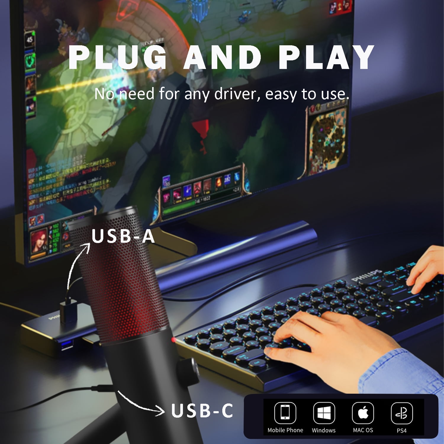 RONY USB Gaming Microphone with RGB Light One Key Mute Noise Cancel for Computer, Black