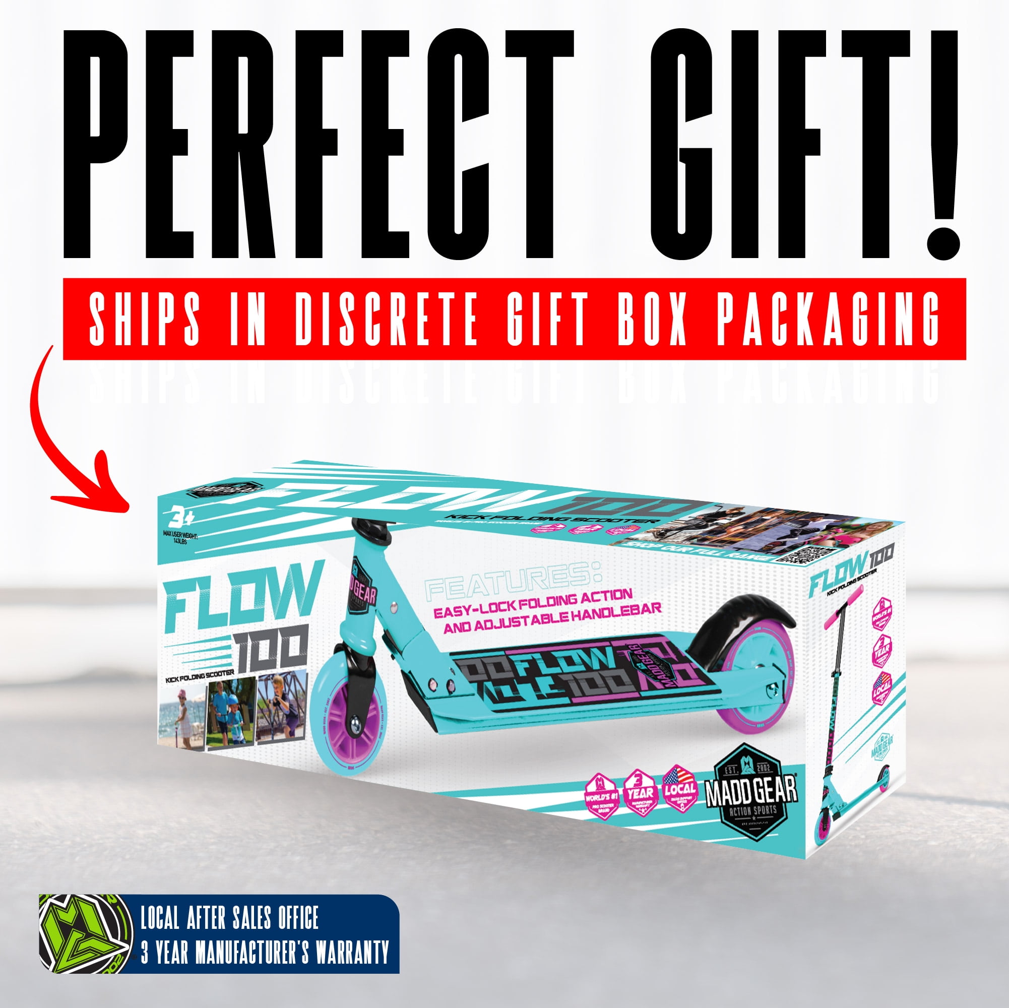 Folding Kick Scooter for Kids Ages 5–10 – Carve 100 – Lightweight Steel Frame, Adjustable Handlebar, Smooth 100 mm Wheels – Teal – Madd Gear, 3 Years & Up Folding Scooter