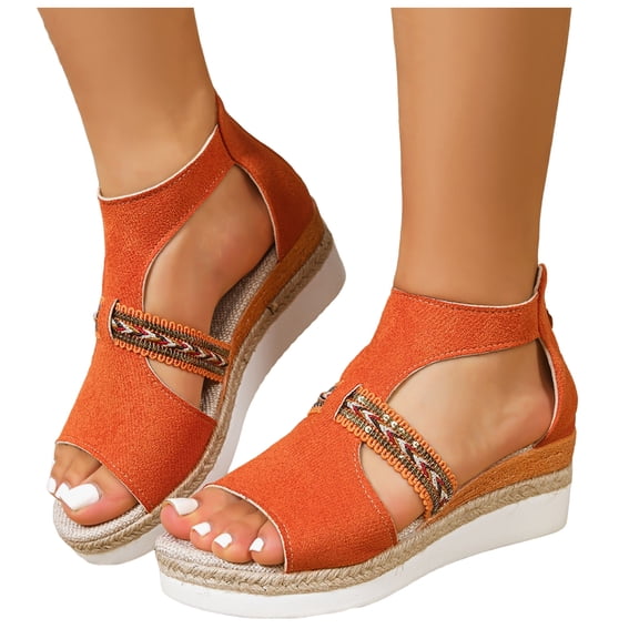 Gladiator Wedge Sandals for Women Boho Embroidery Open Toe Back Zipper Beach Shoes Summer Platform Cutout Dress Shoes Orange Size 8