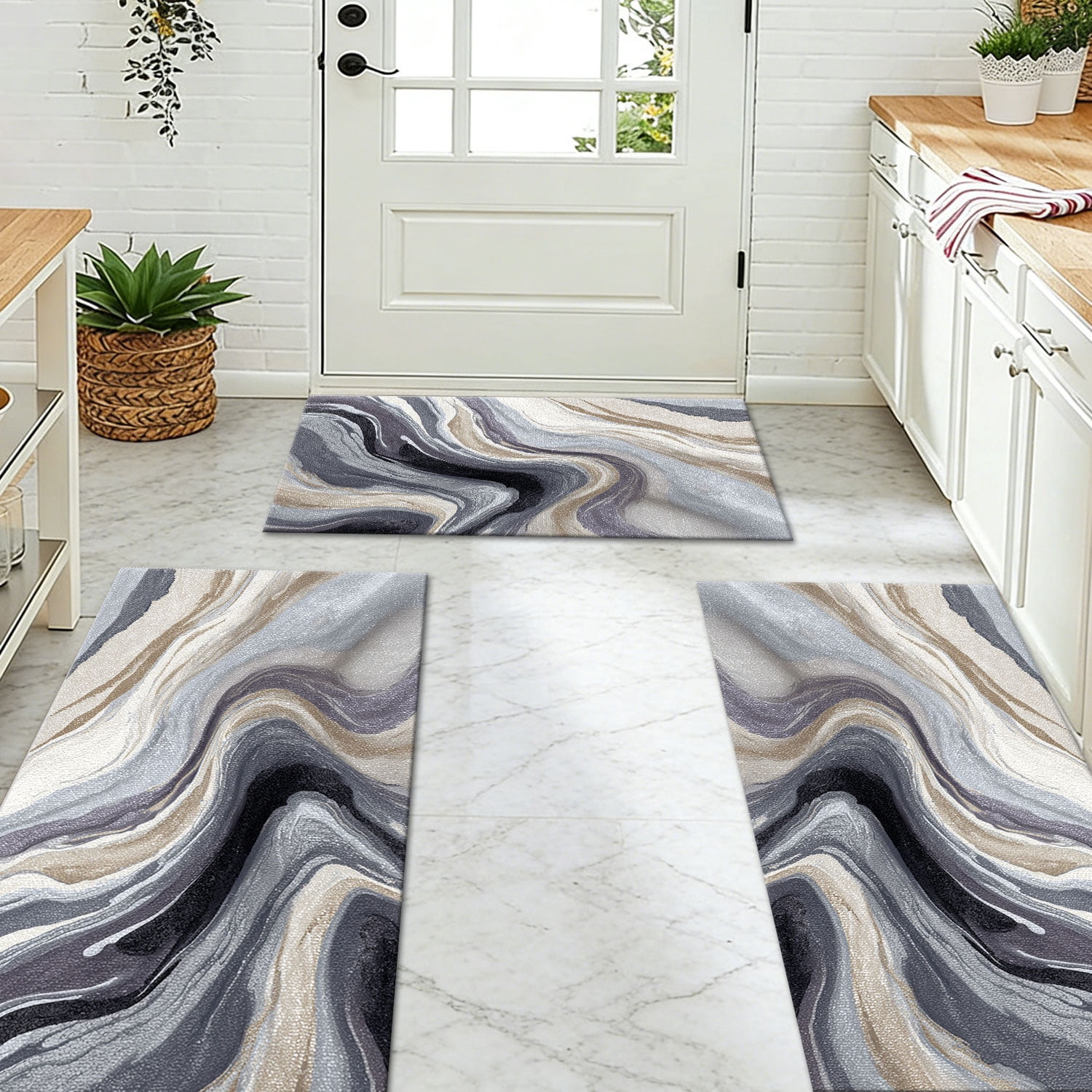3-Piece Farmhouse Kitchen Rug Set, Washable Anti Slip Striped Floor Mats in 3 Sizes, Stain Resistant Decor Rugs for Kitchen Hallway Bathroom Home Christmas Decor