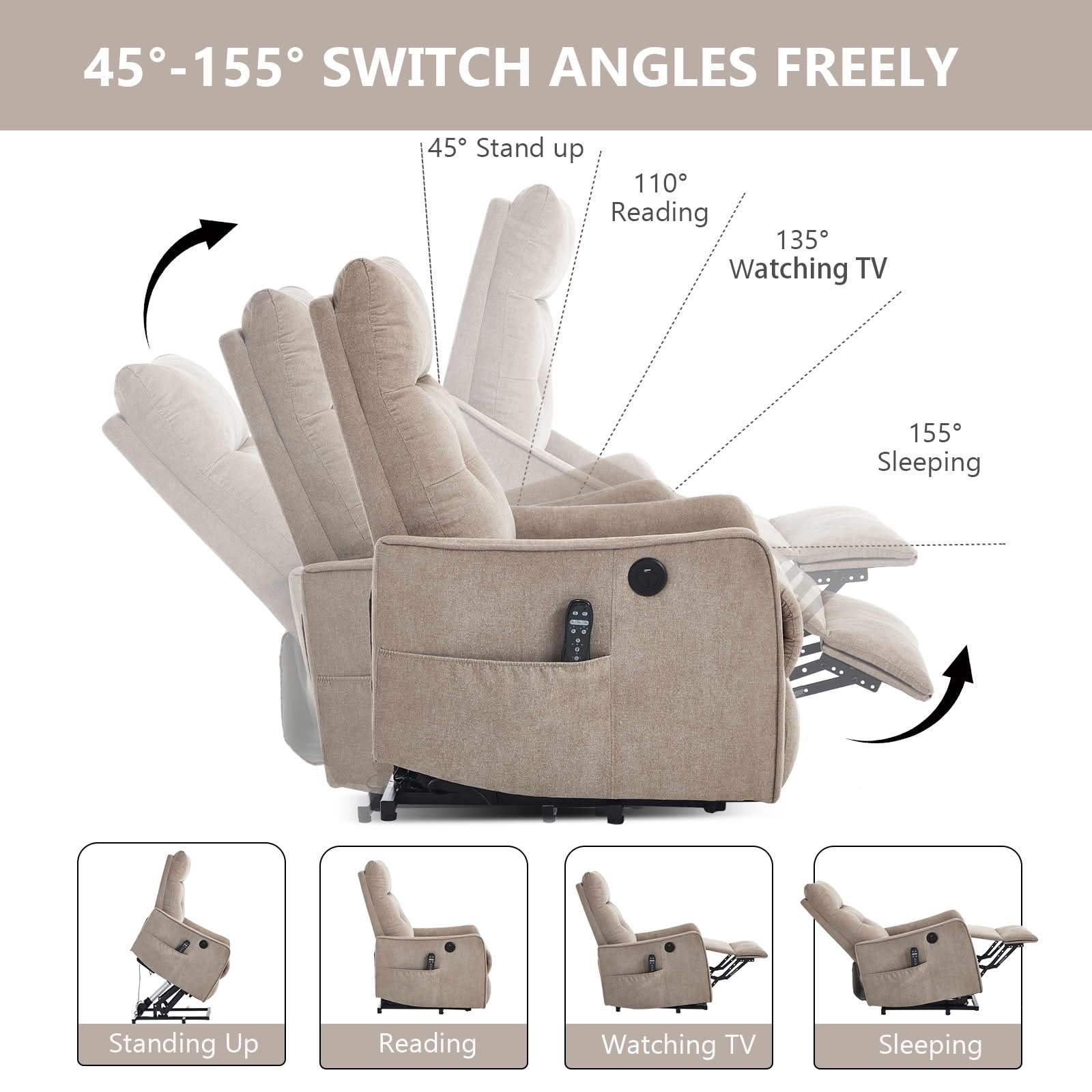 MAYEERTY Khaki Chenille Power Lift Recliner Chair, Massage Heat USB Port 25"x36"x39" for Elderly