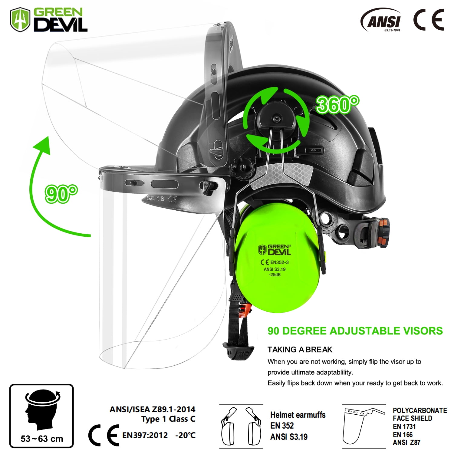 GREEN DEVIL Chainsaw Helmet with Face Shield and Ear Muffs  3‑in‑1 Forestry Helmet System  Hard Hat for Logging Arborist Construction