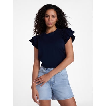 Time and Tru Women's Cotton Crewneck Tee with Ruffle Flutter Sleeves, Sizes XS-XXXL
