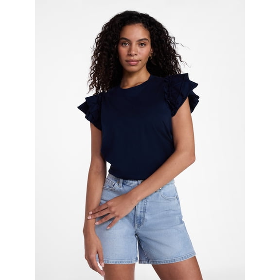 Time and Tru Women's Cotton Crewneck Tee with Ruffle Flutter Sleeves, Sizes XS-XXXL