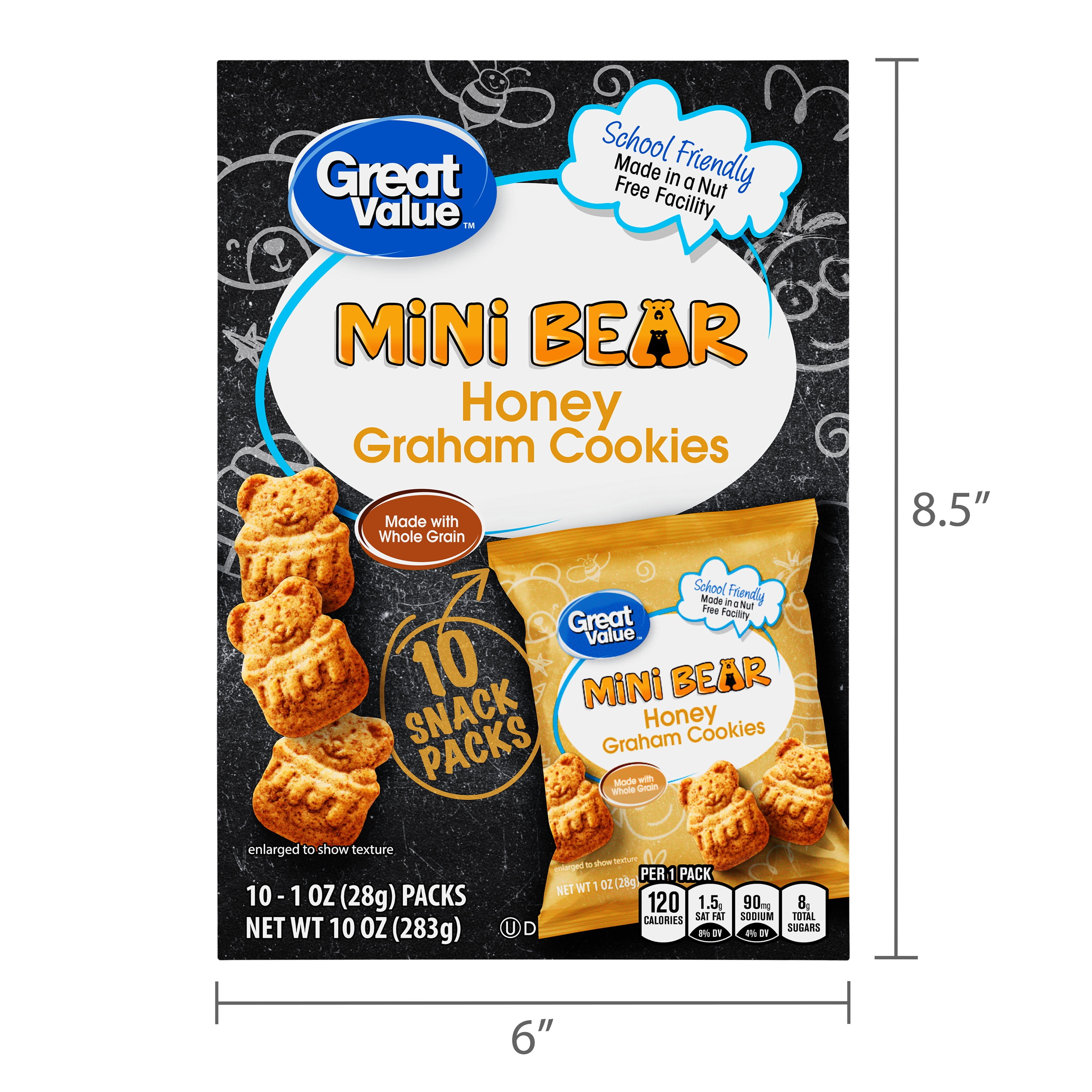 (3 pack) Great Value Mini Bear Honey Graham Cookies, 1 oz, 10 Snack Packs