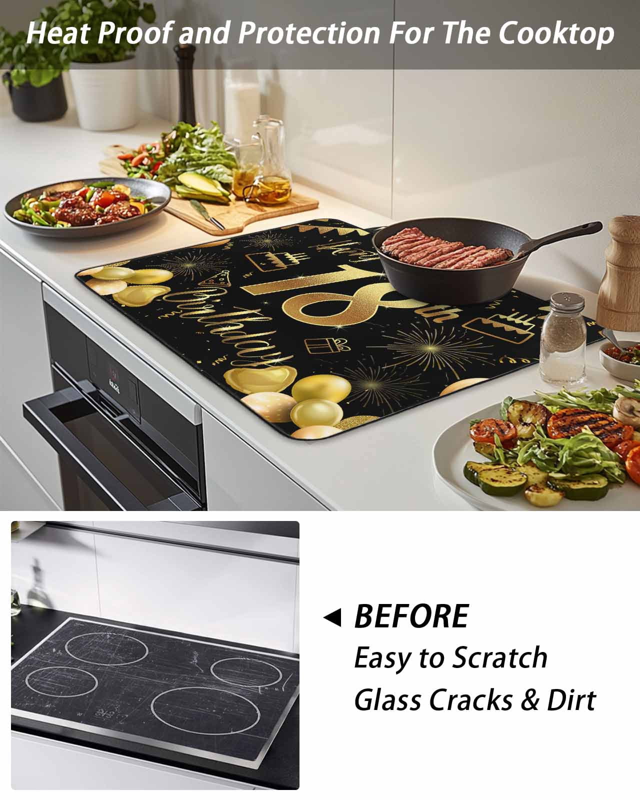 Stove Top Covers for Electric Stove, Happy 18th Birthday Glass Stovetop Cover Protector, Black Golden Balloon Cake Fireworks Induction Cooktop Protector Oven Mat for Kitchen Countertop 24"x21"