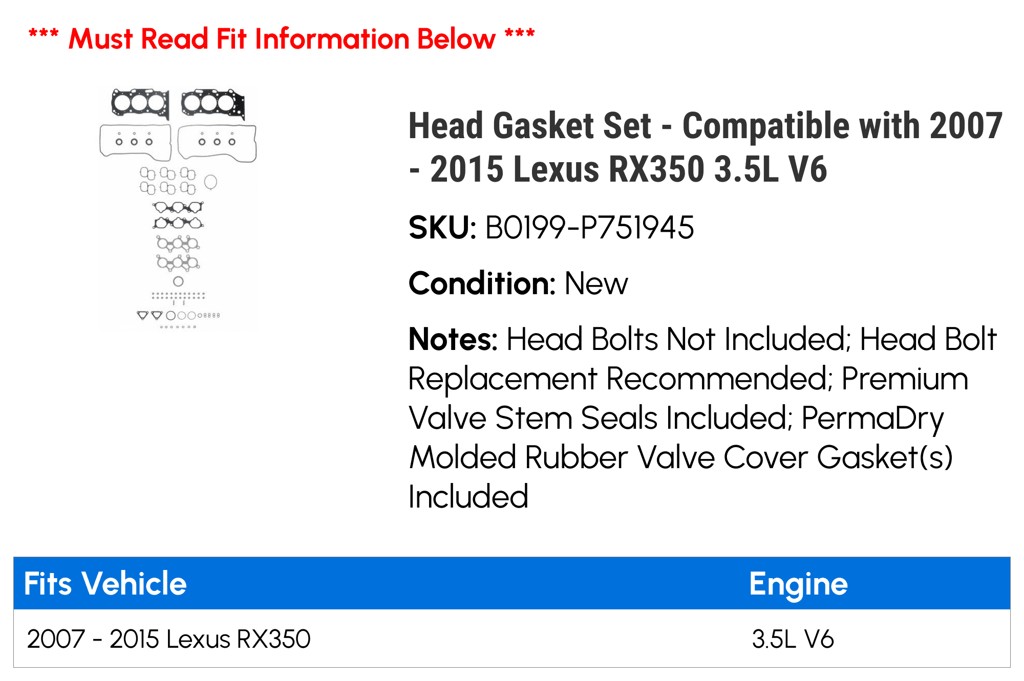 Head Gasket Set - Compatible with 2007 - 2015 RX350 3.5L V6 2008 2009 2010 2011 2012 2013 2014