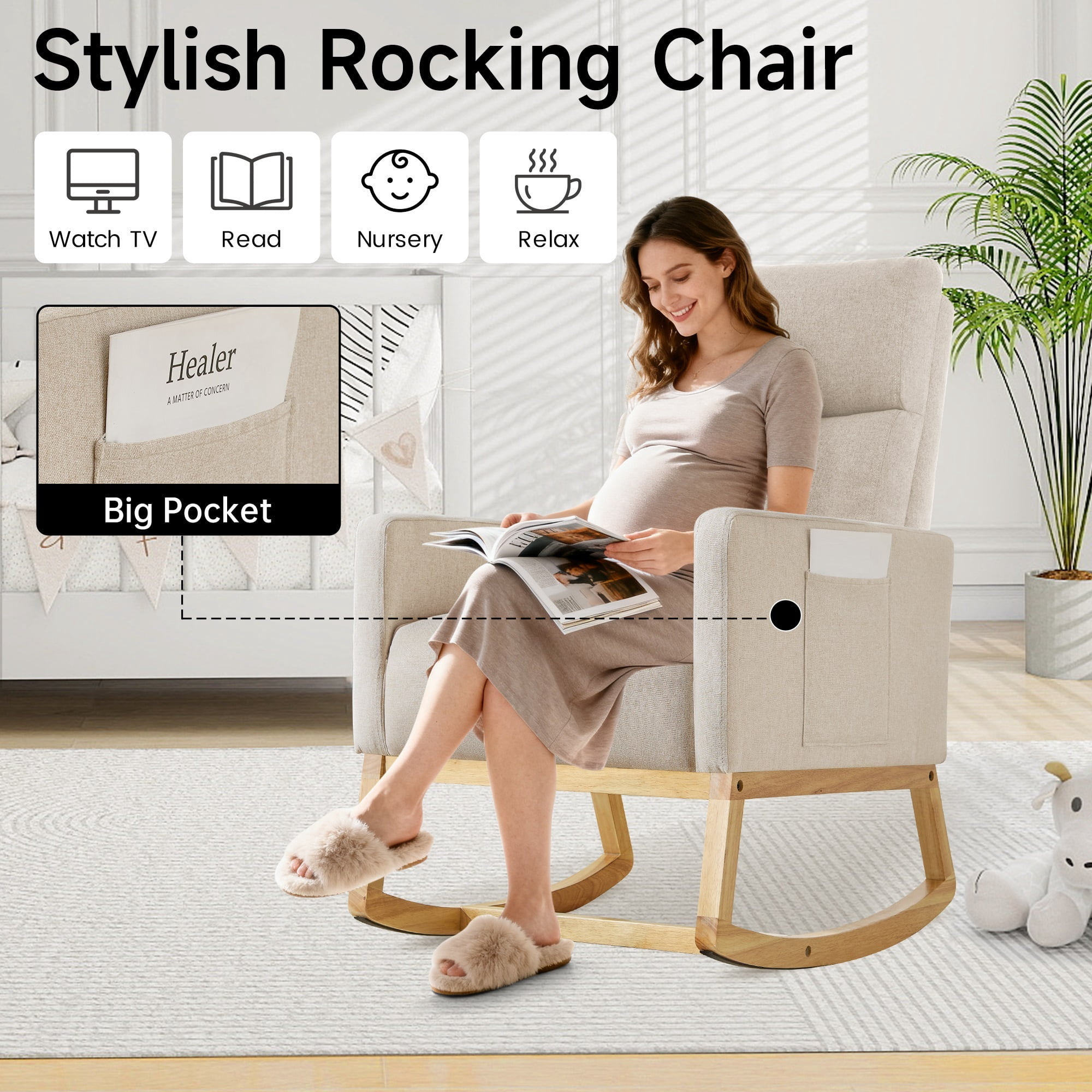 AUNEKIV Rocking Chair Nursery, Upholstered Accent Rockers, Nursing Glider Chairs for Bedroom, Beige