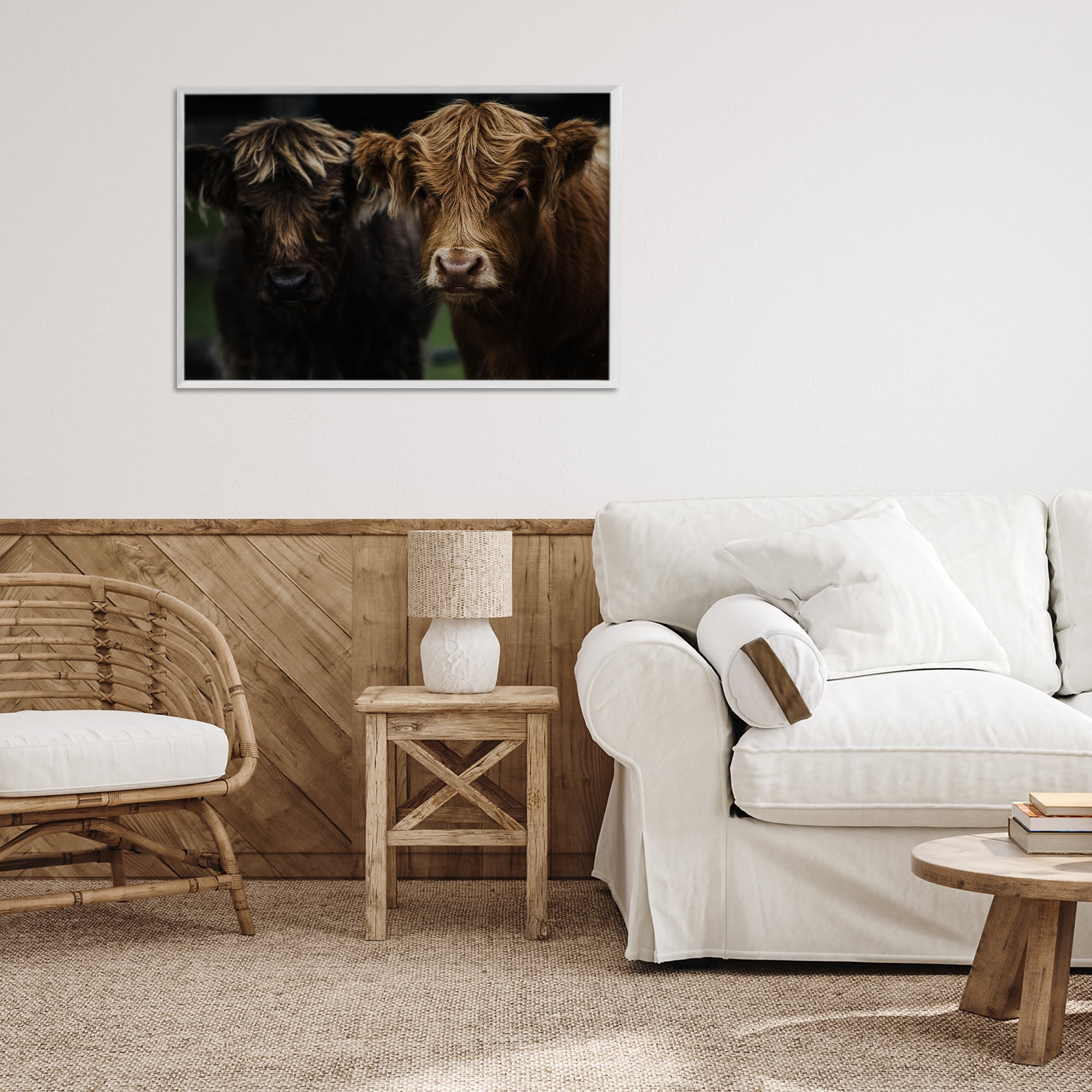 Cow Faces Highland Pair White Framed Giclee Art, design by Amy Carroll