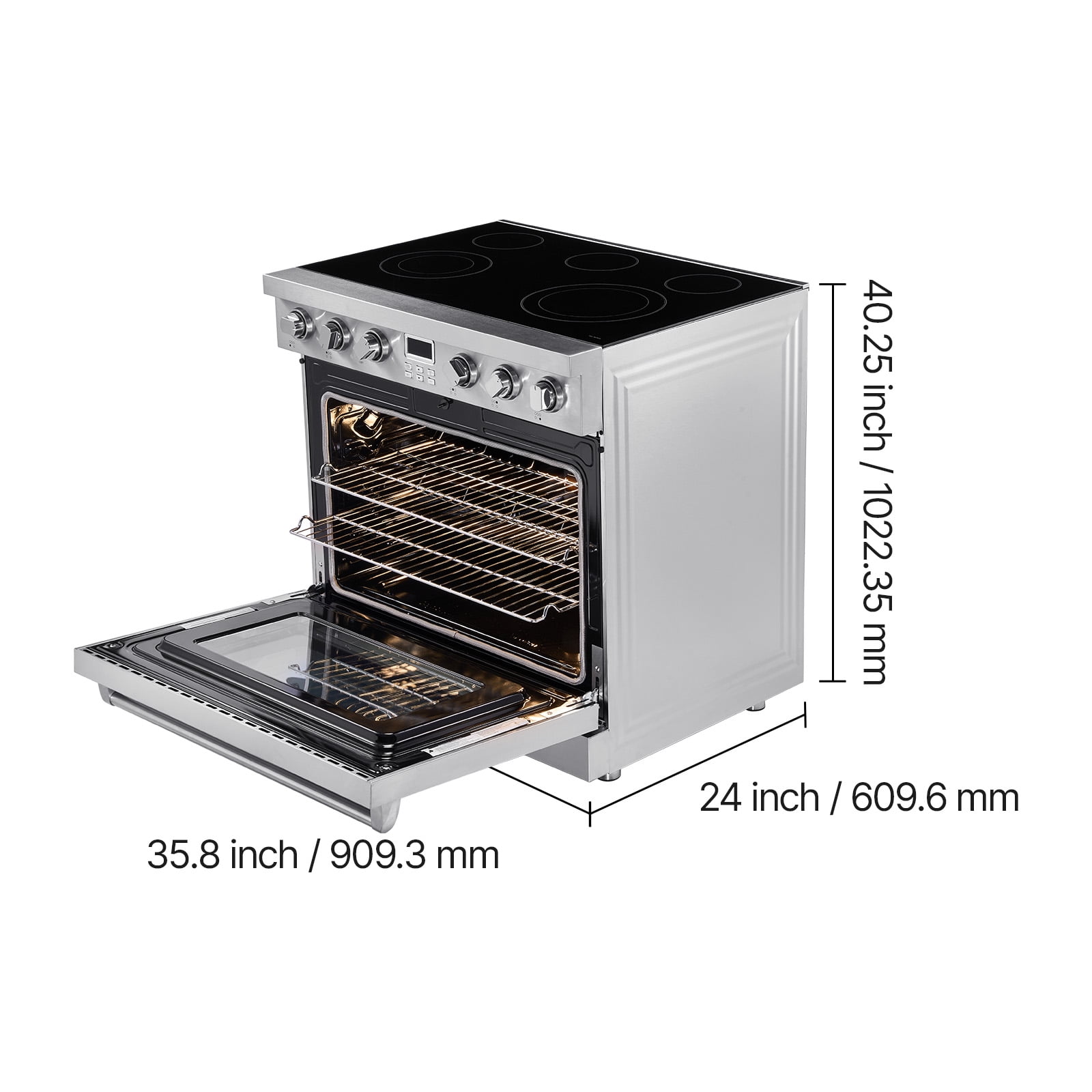 VEVOR 36 in Electric Range Oven, 6.0 Cu. Ft. Capacity Compact Freestanding Oven, Stainless Steel Kitchen Stove, with 5 Burners, Digital Screen Button Control, Easy Reach Racks for RV(No Power Cord)