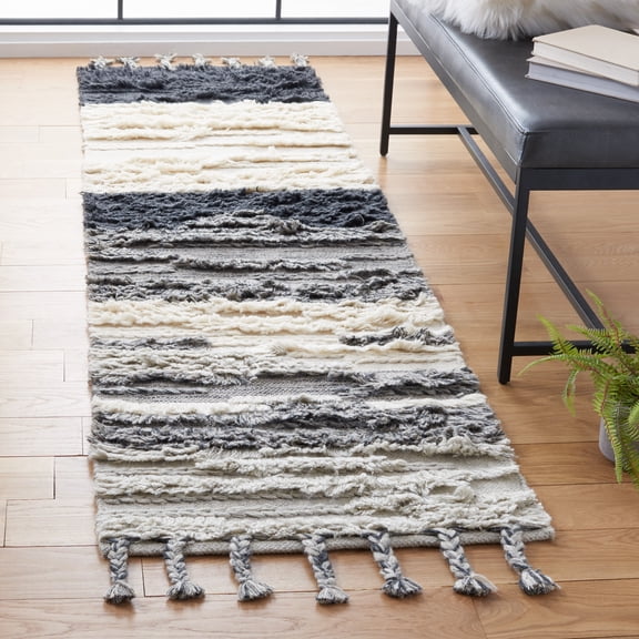 SAFAVIEH Kenya Adrasteia Striped Wool Runner Rug, Ivory/Grey, 2'3" x 8'