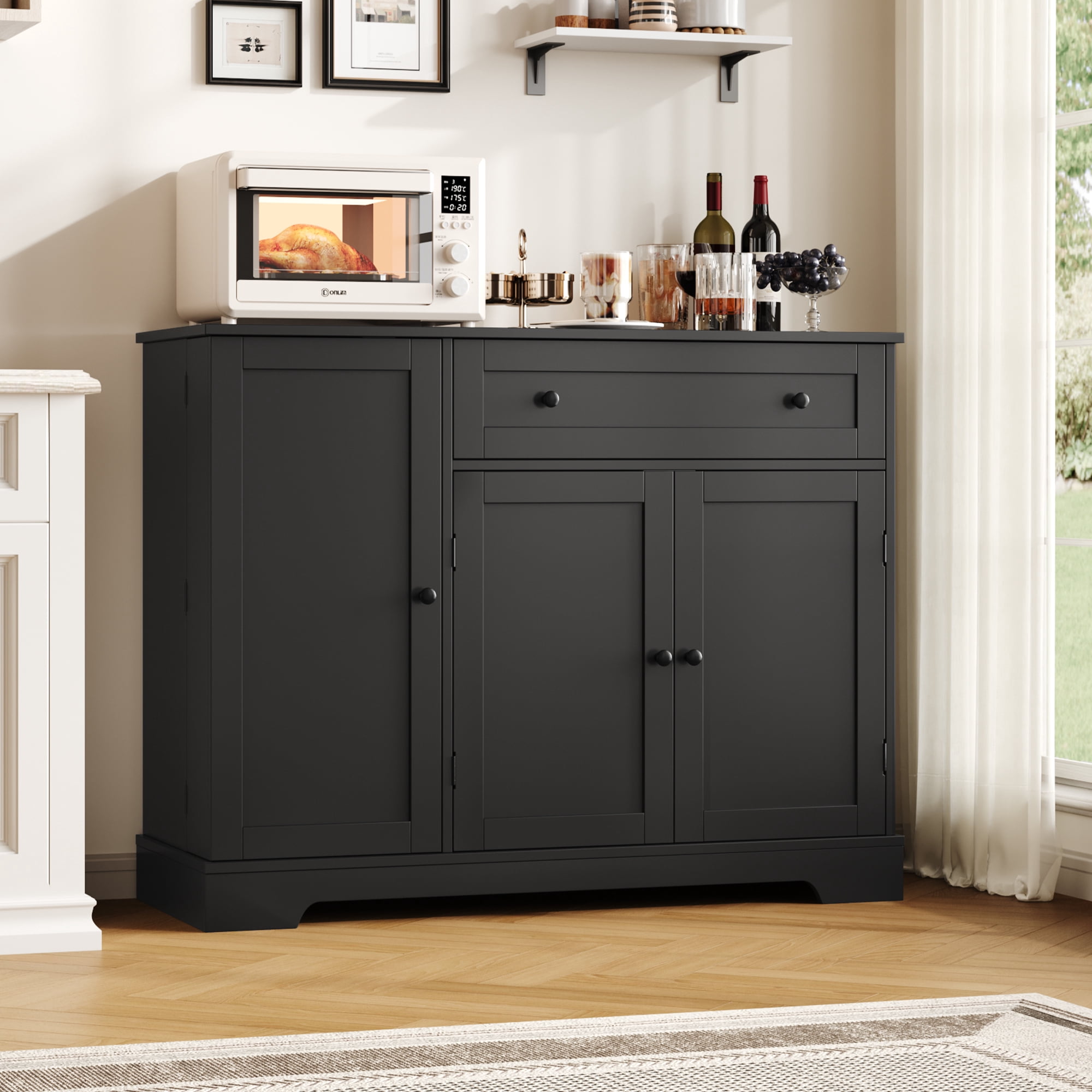 Homfa Sideboard Buffet Cabinet with Drawer, 3 Doors Kitchen Storage Cabinet with Adjustable Shelf for Dinning Room, Black