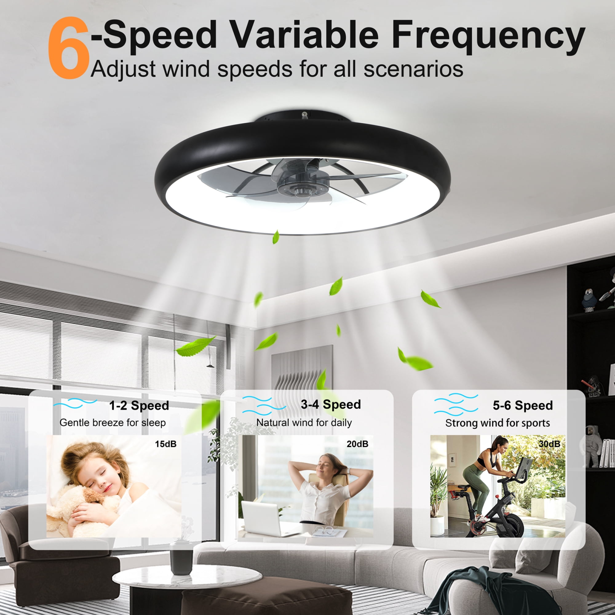 Leumius 21.7" Black Ultra-Thin Ceiling Fan with Light, 6-Speed Reversible Fandelier, 3-Color Temp Dimmable, Remote & APP Control, Silent Motor for Bedroom Living Room