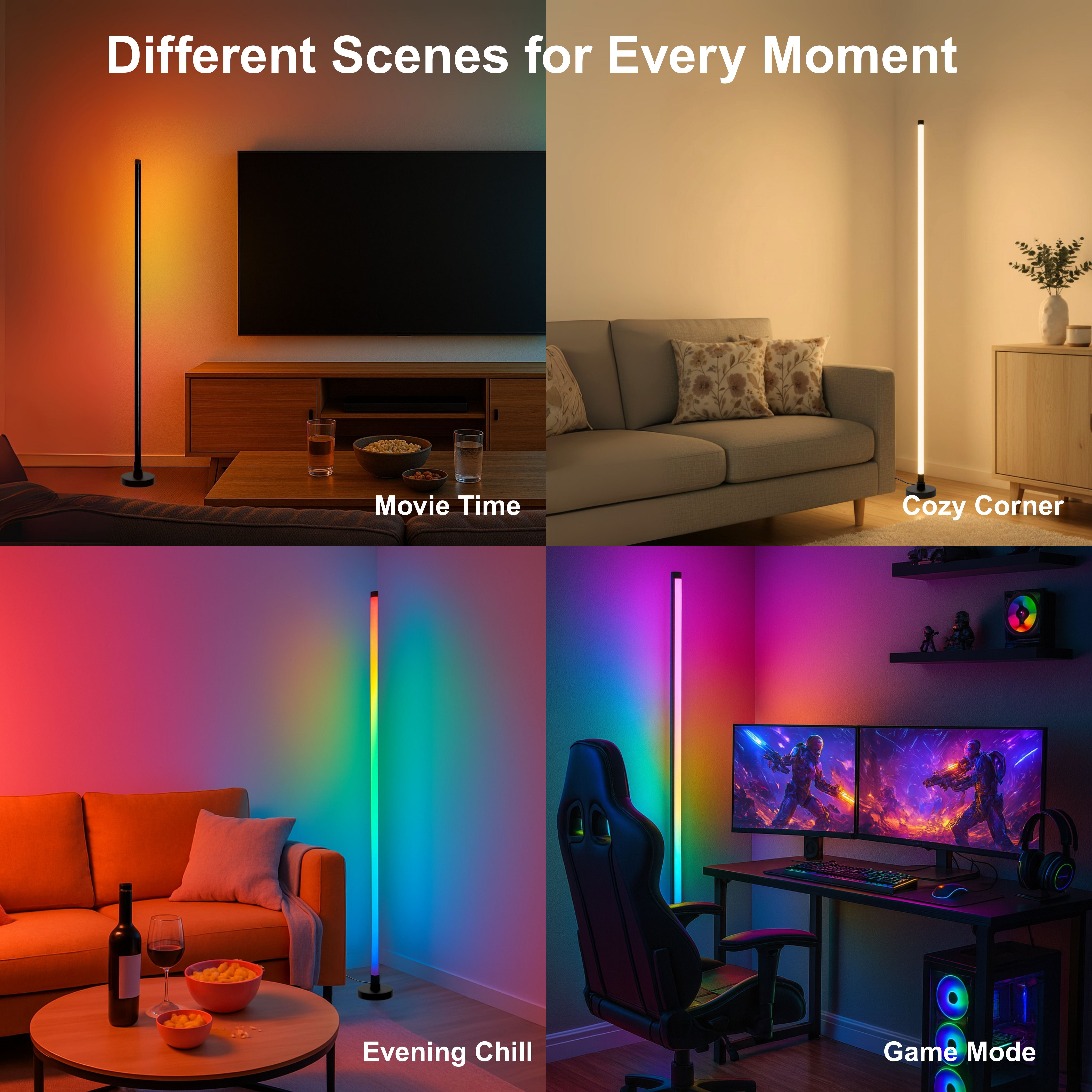 Corner Floor Lamp 58'' RGBICW LED with Music Sync, Remote Control, Color-Changing Ambient Lighting for Living Rooms, Gaming, Home Office (Round Base)