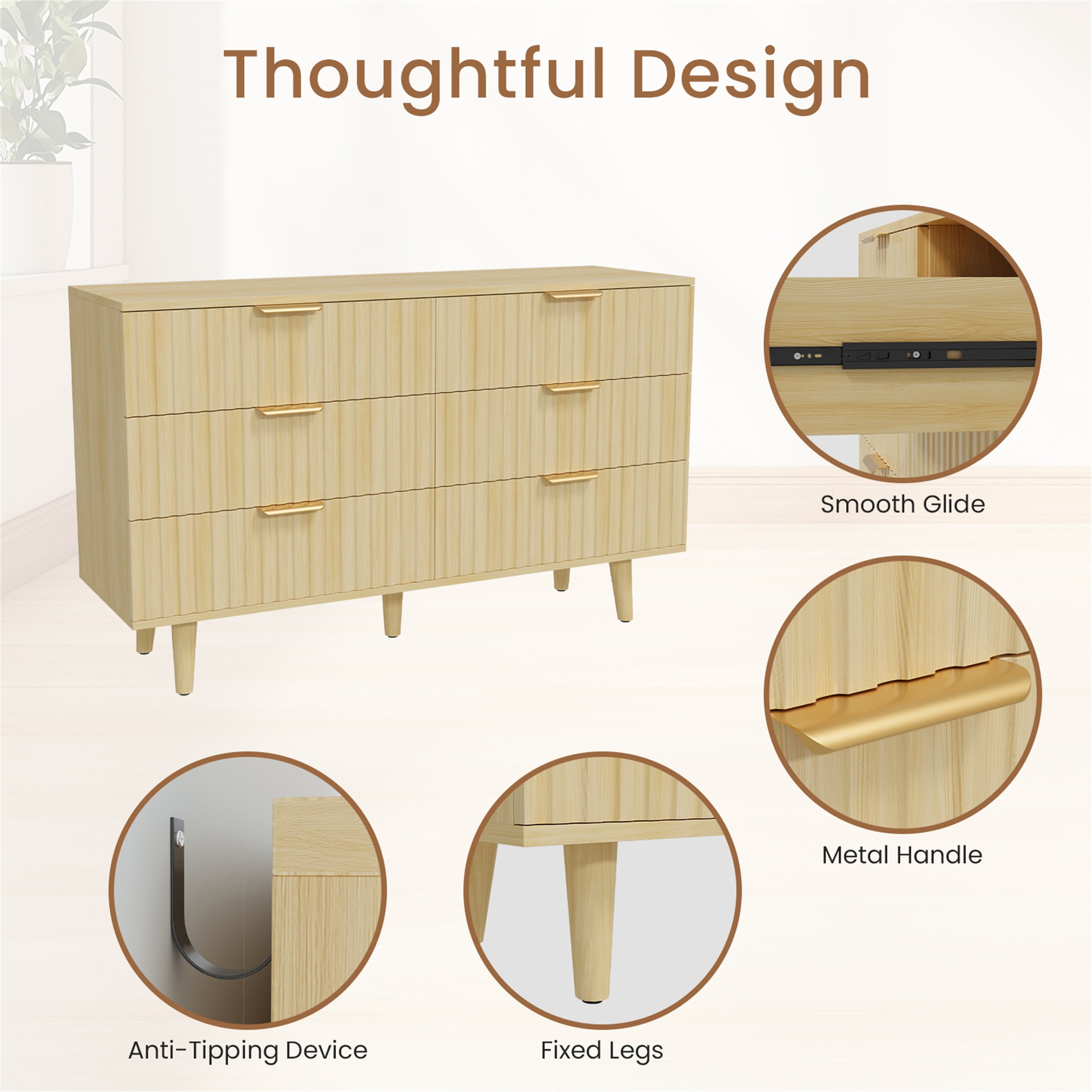 Planntonneo Fluted 6 Drawers Dresser, Wooden Chests of Drawers for Bedroom, Living Room, Entryway, Nature Wood Color