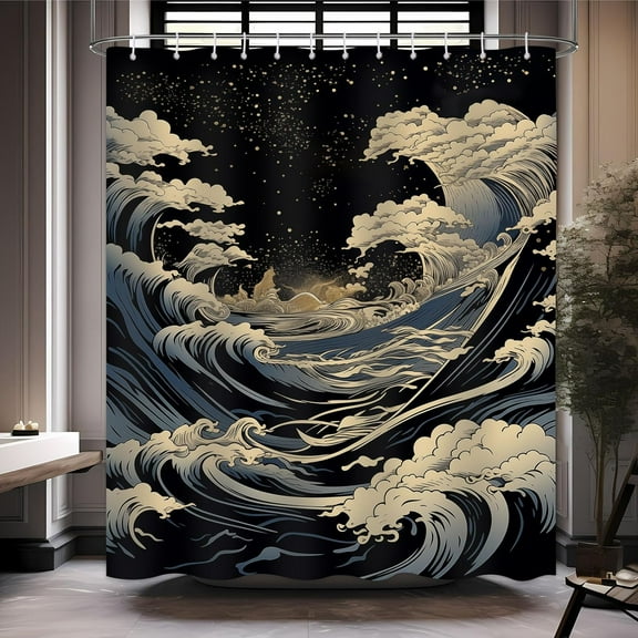 Anime Shower Curtain, Japanese Great Waves Shower Curtain, Huge Waves Sea Under The Stars Bathroom Decor Asian Style Artistic Shower Curtain Set with12 Hook, 72x72 inches