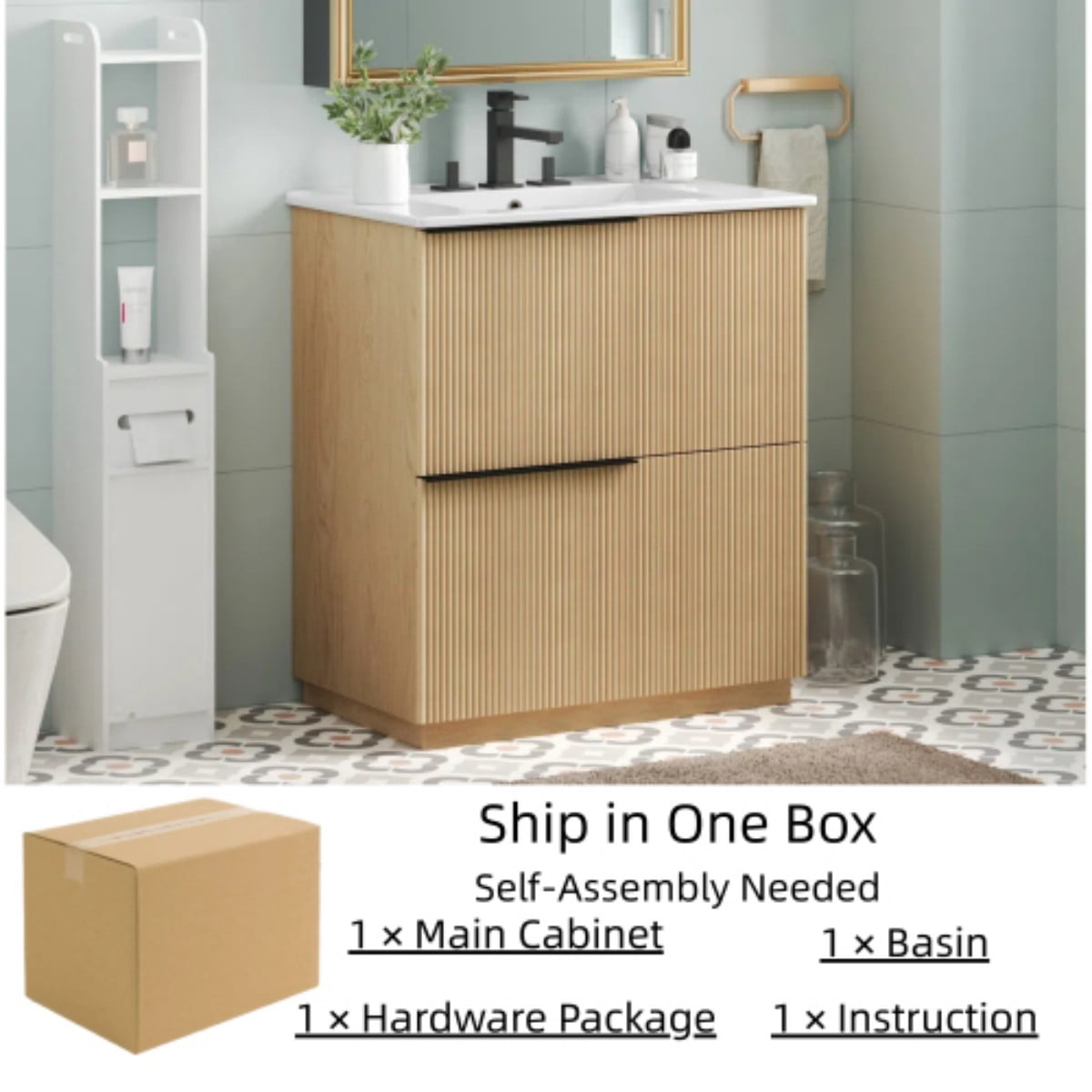 30" Bathroom Vanity with Ceramic Sink, Freestanding Bathroom Cabinet with Full Extension Drawers, Soft Close Slides, Fluted Design, Natural