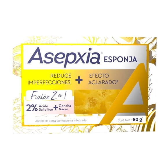 Jabón en barra Asepxia con esponja integrada fusión 2 en 1 80 g