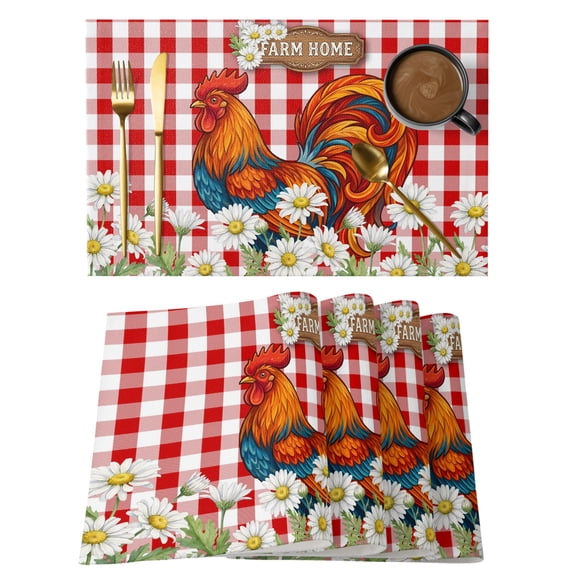 Spring Floral Placemats Set of 4 Red Checkered Rooster Farmhouse Art Place Mats Indoor Wipeable Table Mats Washable Cloth Dining Table Placemats for Kitchen Holiday Party Home Decor 13x19 Inch
