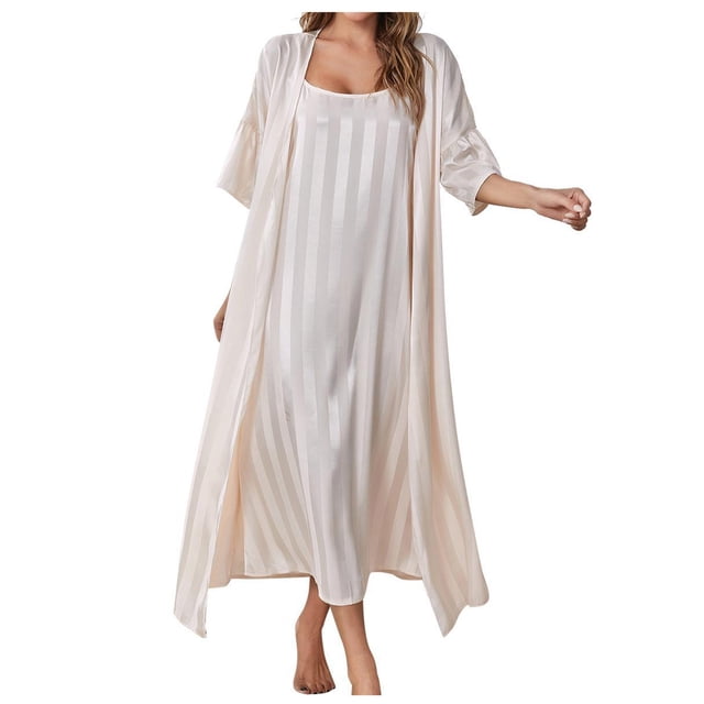 Ensemble de Peignoir en Satin pour Femme, Nuisette Longue à Bretelles avec Cardigan, Robe de Détente à Rayures Tenue de Pyjama Blanc TG