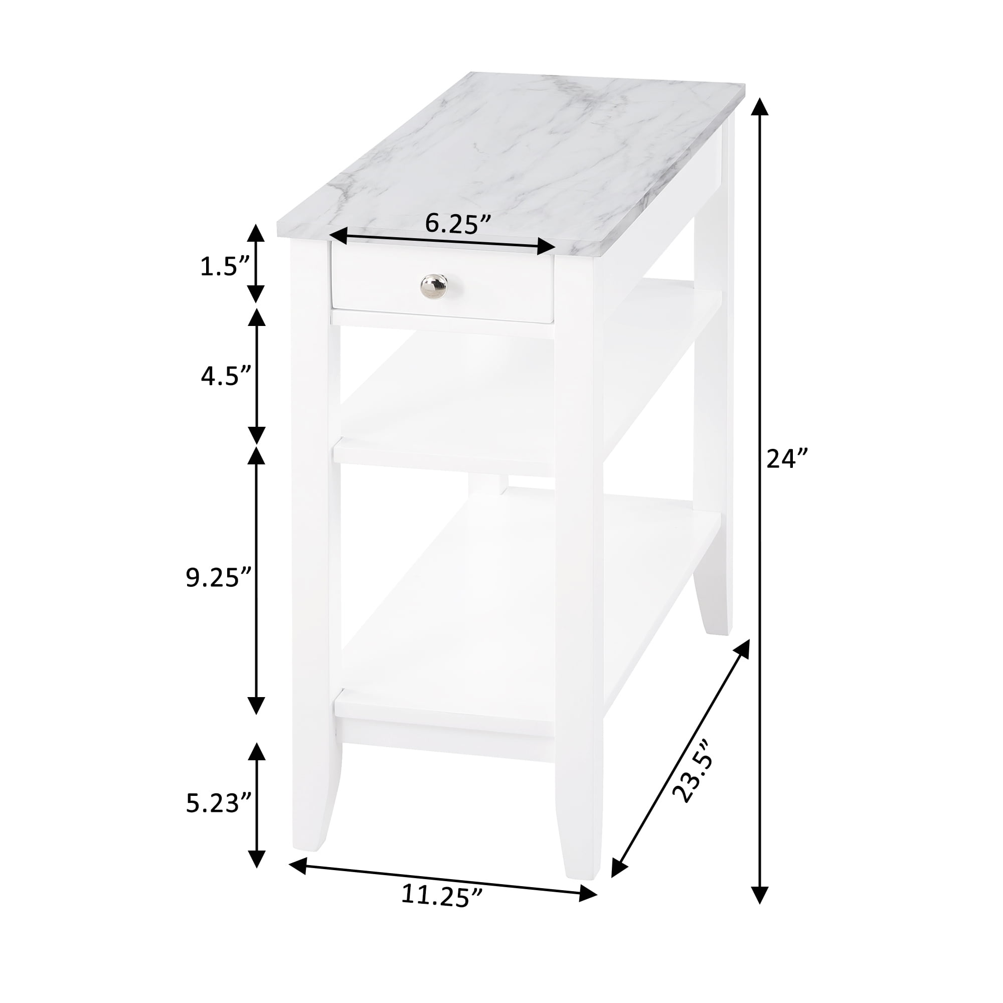 Convenience Concepts American Heritage 1 Drawer Chairside End Table with Shelves, White Faux Marble/White