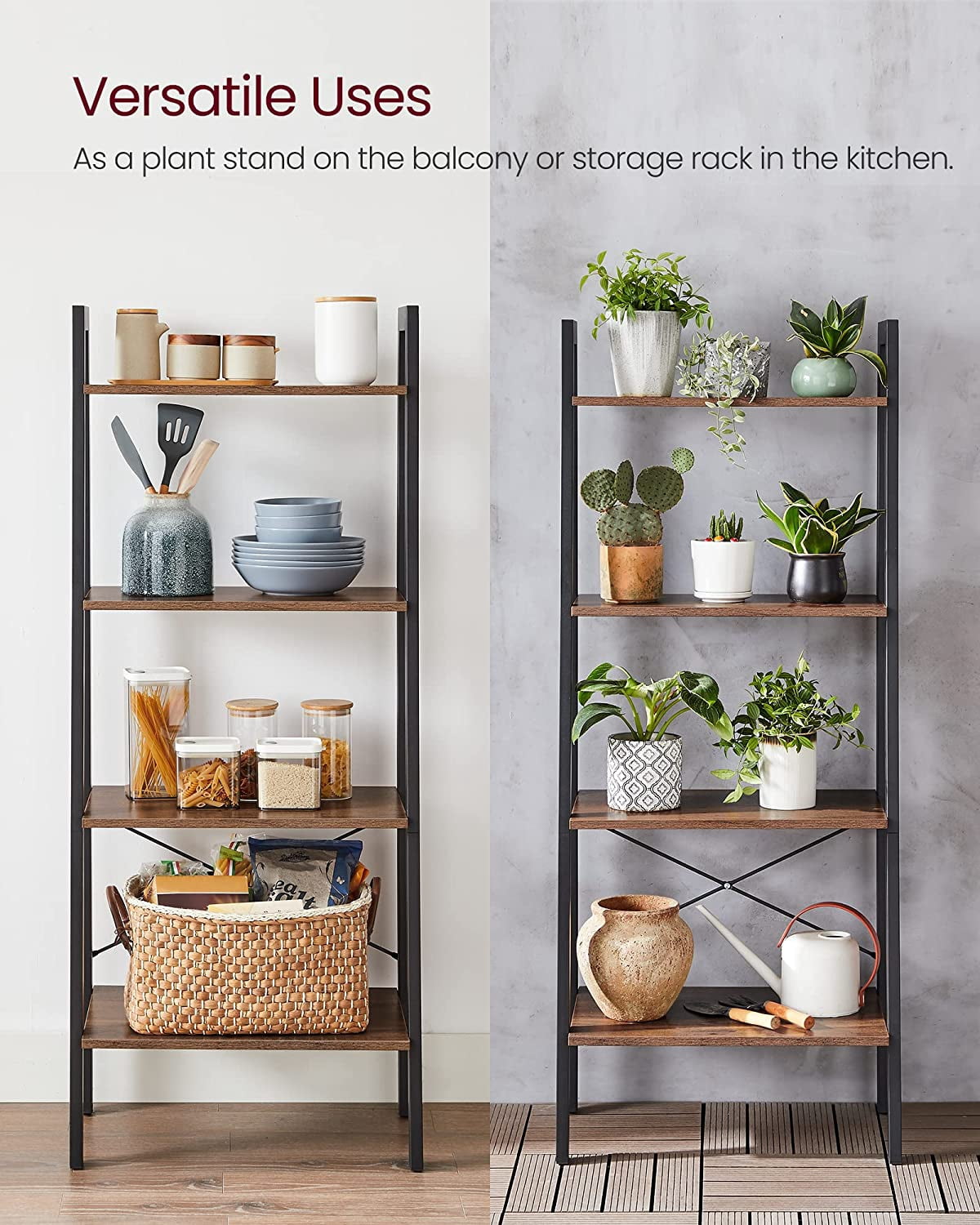 VASAGLE 4-Tier Ladder Shelf Ladder Bookshelf Bookcase Storage Rack with Steel Frame Hazelnut Brown and Black