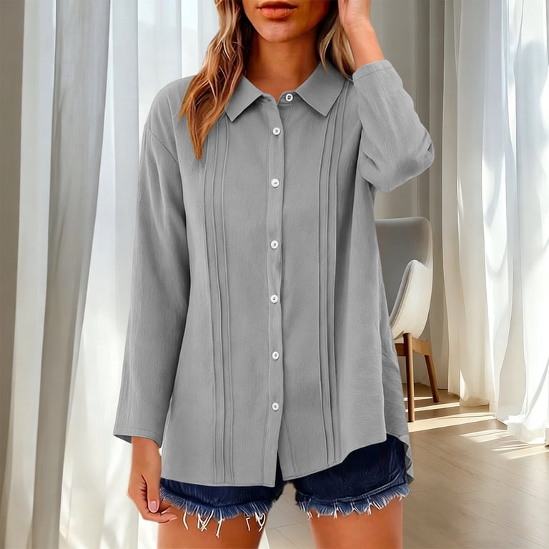 ladies dress blouses and tops Wotshwt Cotton Linen Botton Down Shirt Women 3/4 Sleeve Lapel Collar Pleated Tops Ladies Casual Dressy Tunic Blouses for Work, Women's, Size: 2XL