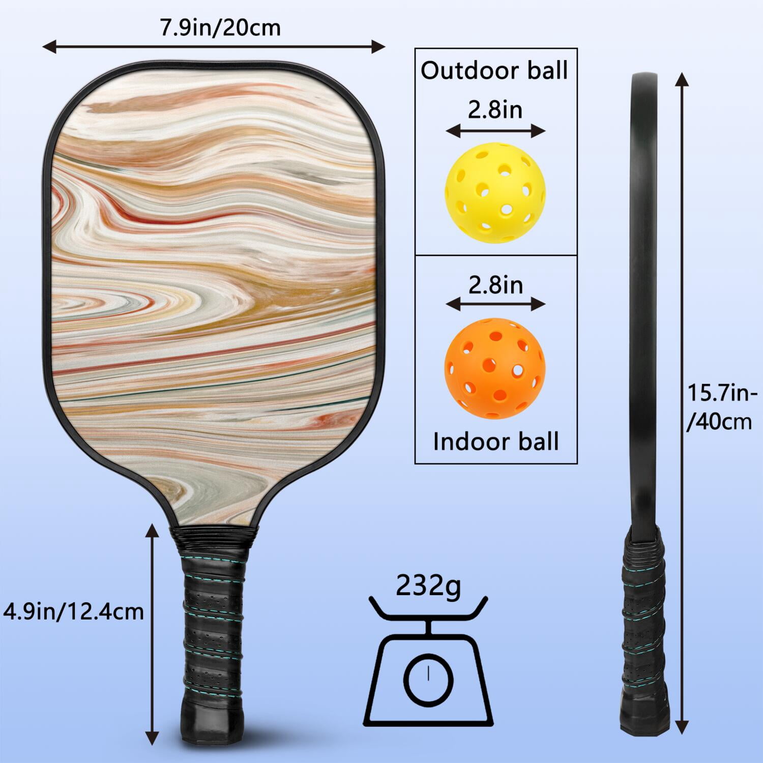 Pickleball Paddles Set Of 2, Fiberglass Surface, Liquid & Marble Print, 4 Balls & Bag